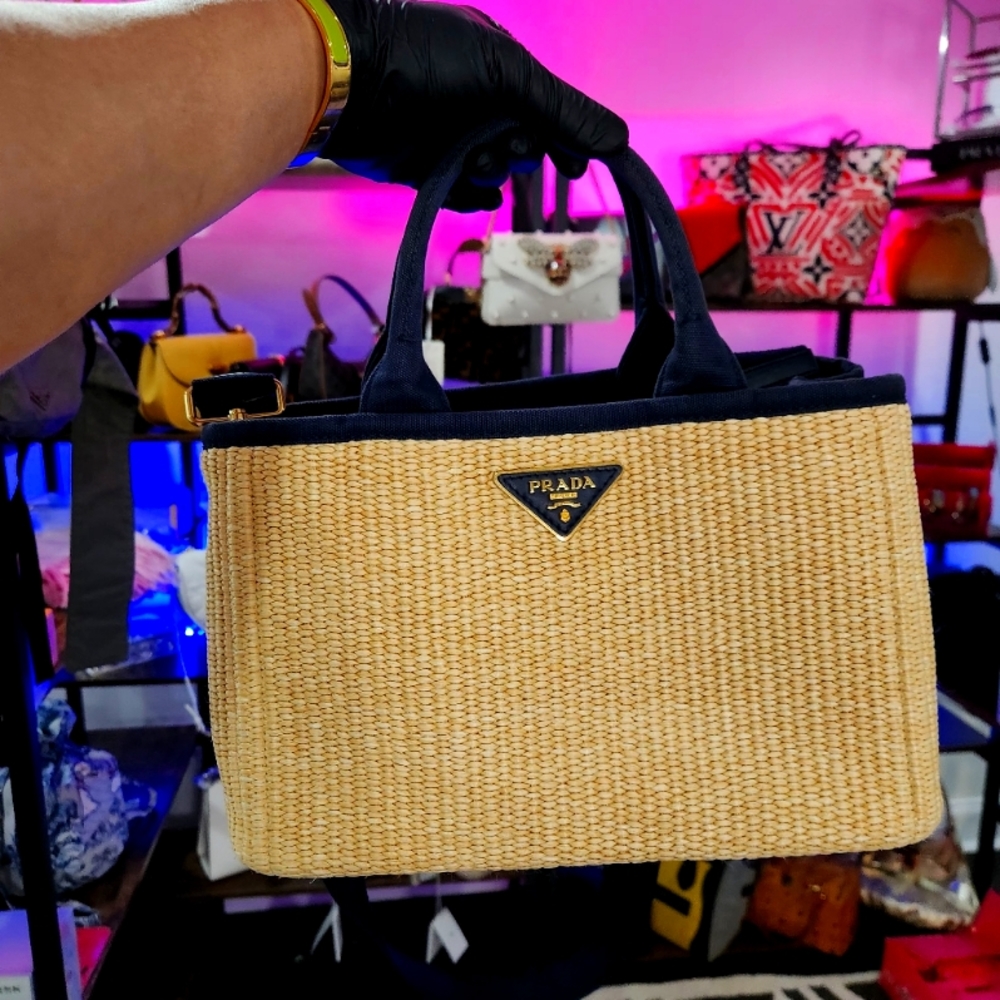 PRADA RAFFIA 2-WAY TOTE BAG WITH TRIANGLE LOGO
